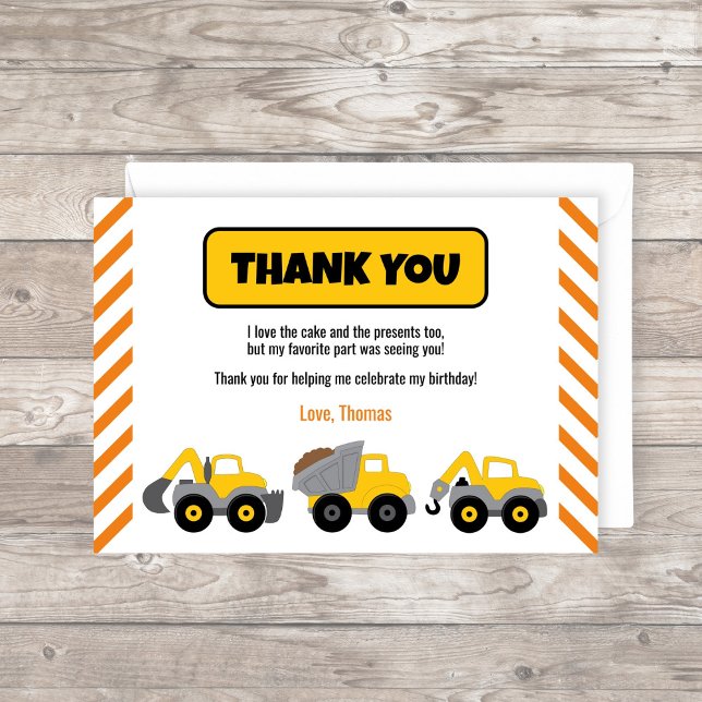 Tarjeta De Agradecimiento Fiesta de camiones de construcción (Construction Truck Thank You card with yellow trucks and orange stripes)