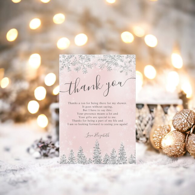 Tarjeta De Agradecimiento Fiesta de compromiso de invierno de pino rosa rubo (Silver blush pink snow pine winter bridal shower thank you card)
