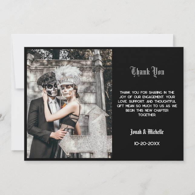 Tarjeta De Agradecimiento Fiesta de Compromiso Negro Día de los Muertos (Anverso)