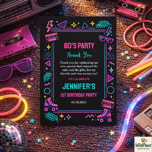 Tarjeta De Agradecimiento Fiesta de cumpleaños 1º con estilo retro neón mode