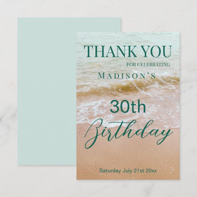 Tarjeta De Agradecimiento Fiesta de Cumpleaños 30 en la Playa  (Anverso / Reverso)