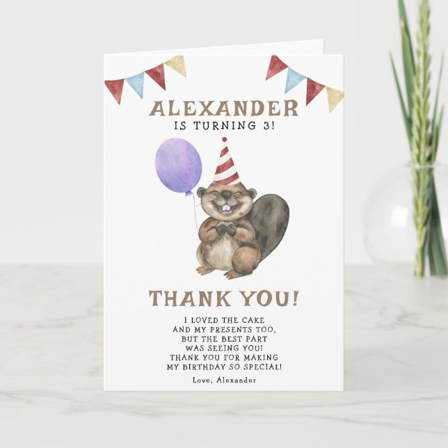 Tarjeta De Agradecimiento Fiesta de cumpleaños 3 de un pequeño castor (Anverso)