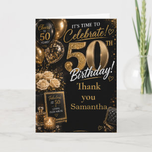 Tarjeta De Agradecimiento Fiesta de cumpleaños cincuenta de Oro Negro