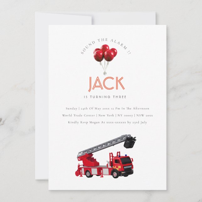 Tarjeta De Agradecimiento Fiesta de Cumpleaños con Camión de Bomberos Rojo (Anverso)