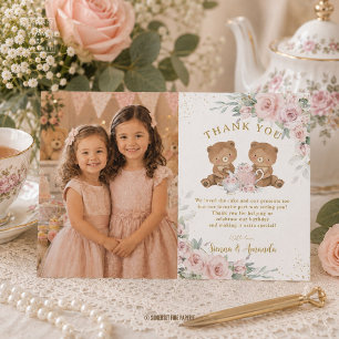 Tarjeta De Agradecimiento Fiesta de Cumpleaños con Ositos Florales Rosa Foto