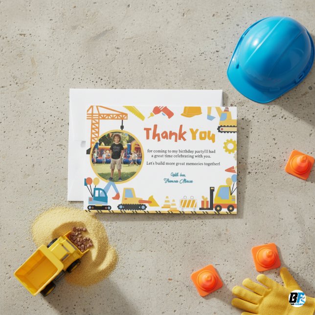 Tarjeta De Agradecimiento Fiesta de Cumpleaños con Tema de Construcción en F (Birthday Thank You Card)