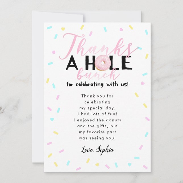 Tarjeta De Agradecimiento Fiesta de cumpleaños con tema de donas Gracias Un  (Anverso)