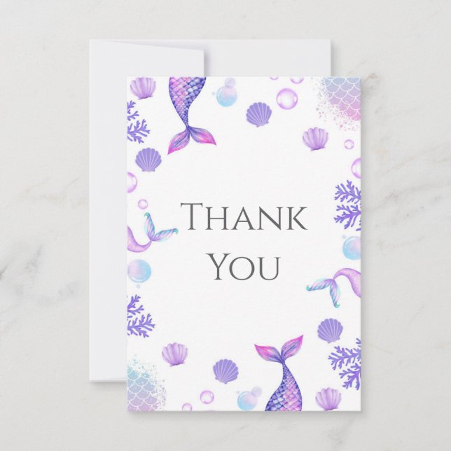 Tarjeta De Agradecimiento Fiesta de Cumpleaños con Tema de Sirena Morada (Anverso)