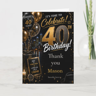 Tarjeta De Agradecimiento Fiesta de cumpleaños cuarenta de Oro Negro