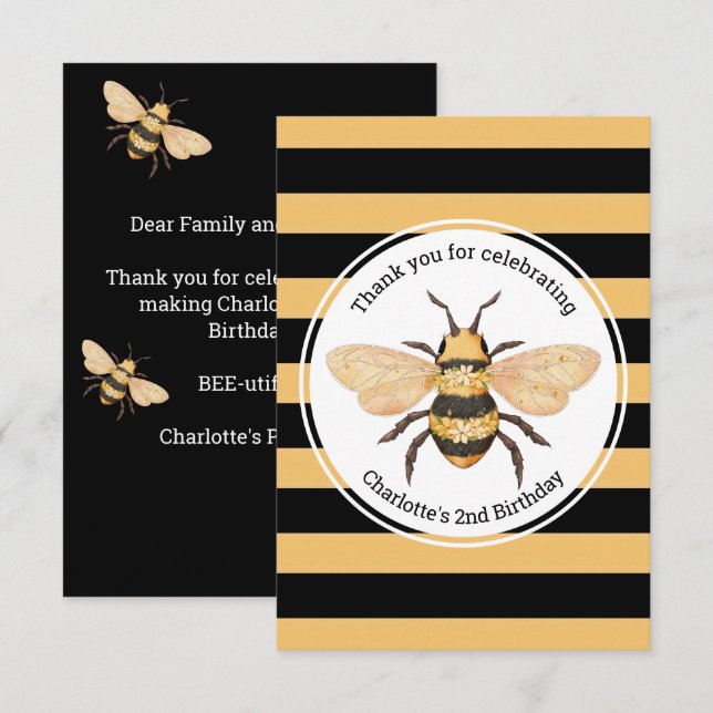 Tarjeta De Agradecimiento Fiesta de cumpleaños de abeja (Anverso / Reverso)