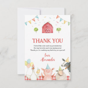 Tarjeta De Agradecimiento Fiesta de Cumpleaños de Animales de Granja Rojos y