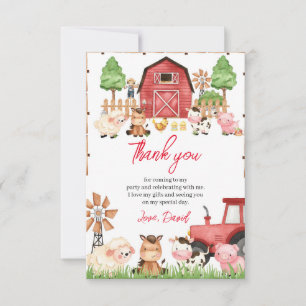 Tarjeta De Agradecimiento Fiesta de cumpleaños de animales de la granja roja
