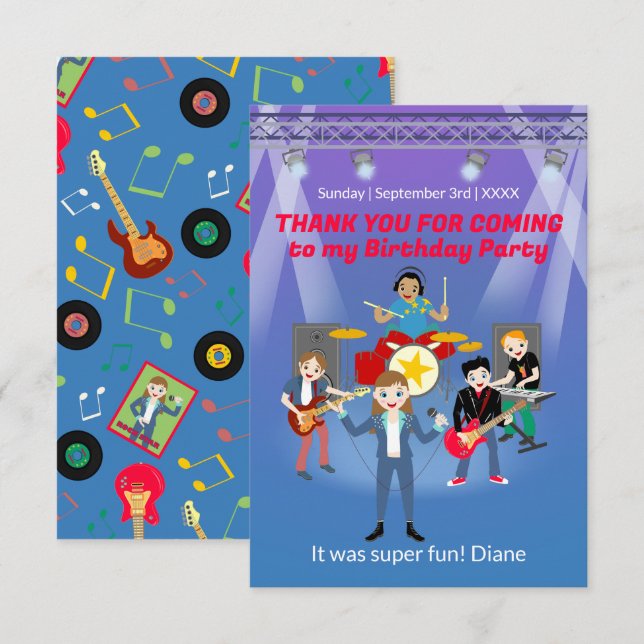 Tarjeta De Agradecimiento Fiesta de cumpleaños de banda de Chica estrella de (Anverso / Reverso)