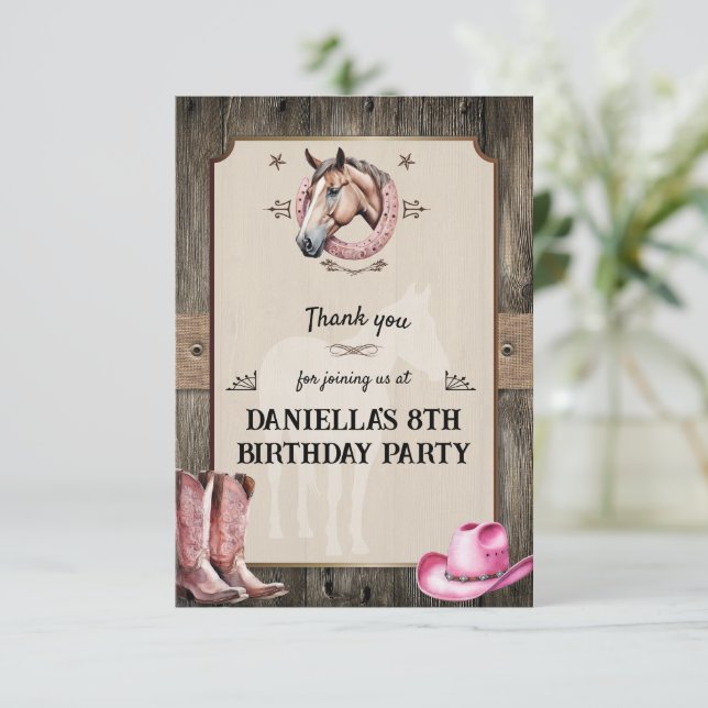 Tarjeta De Agradecimiento Fiesta de Cumpleaños de Cabalgata a Caballo Rosa R (Anverso de pie)