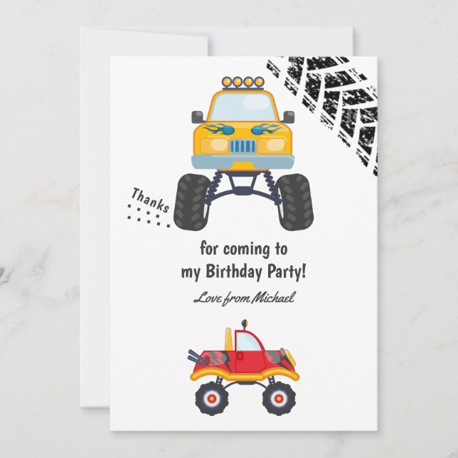 Tarjeta De Agradecimiento Fiesta de cumpleaños de camión monstruo (Anverso)