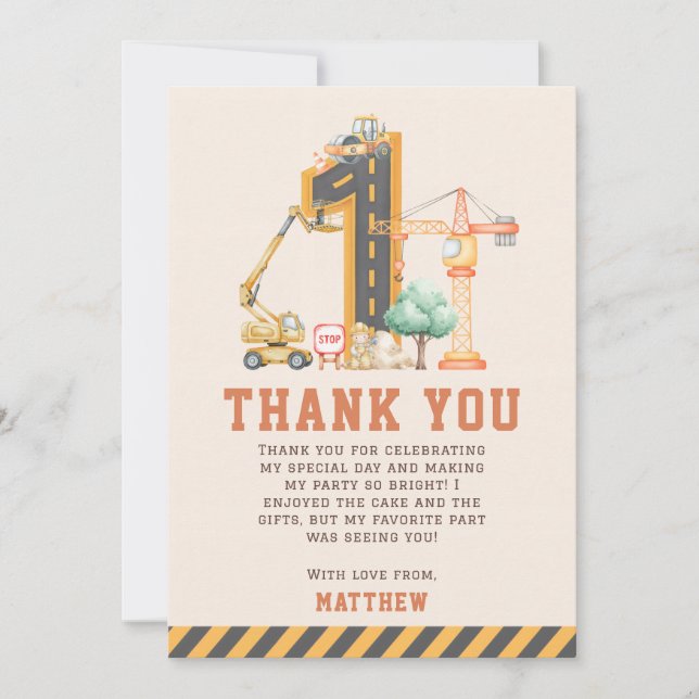 Tarjeta De Agradecimiento Fiesta de Cumpleaños de Camiones de Construcción (Anverso)