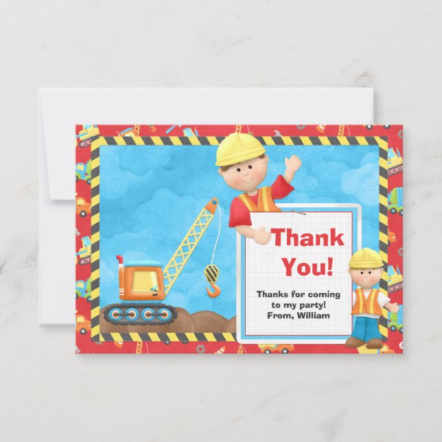 Tarjeta De Agradecimiento Fiesta de Cumpleaños de Construcción Gracias (Anverso)