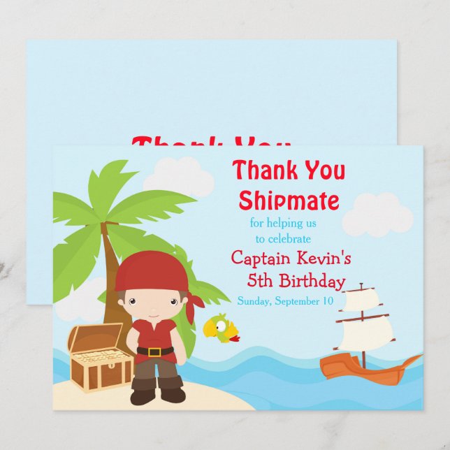 Tarjeta De Agradecimiento Fiesta de cumpleaños de Cute Brunette Pirate Boy (Anverso / Reverso)