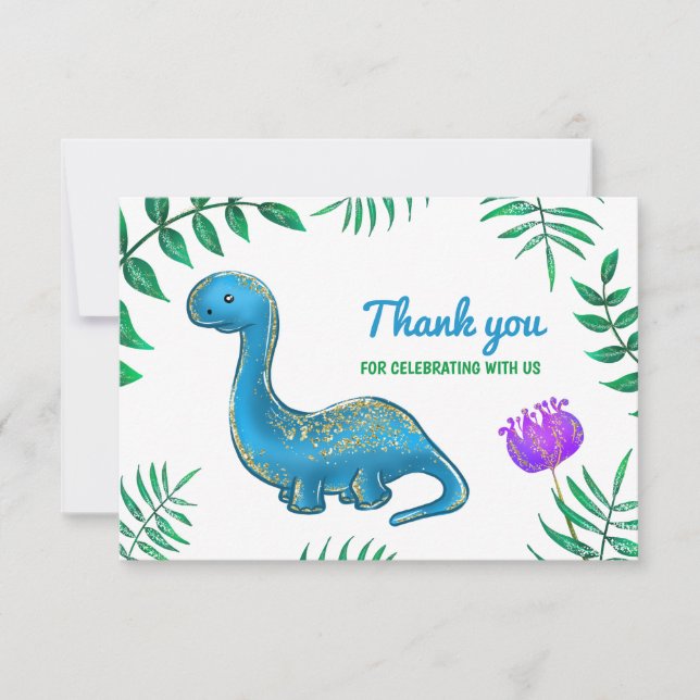 Tarjeta De Agradecimiento Fiesta de cumpleaños de Dinosaur | Blue Dino Graci (Anverso)