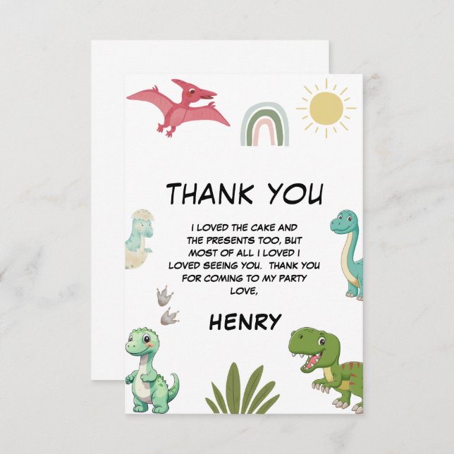 Tarjeta De Agradecimiento Fiesta de Cumpleaños de Dinosaurios (Anverso / Reverso)