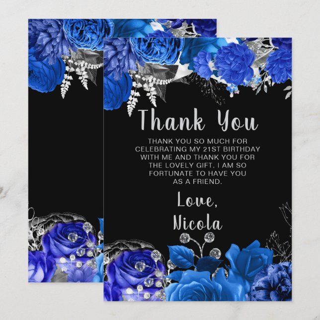 Tarjeta De Agradecimiento Fiesta de Cumpleaños de Flores Azules y Plateadas  (Anverso / Reverso)