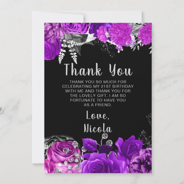 Tarjeta De Agradecimiento Fiesta de cumpleaños de flores moradas y plateadas (Anverso)