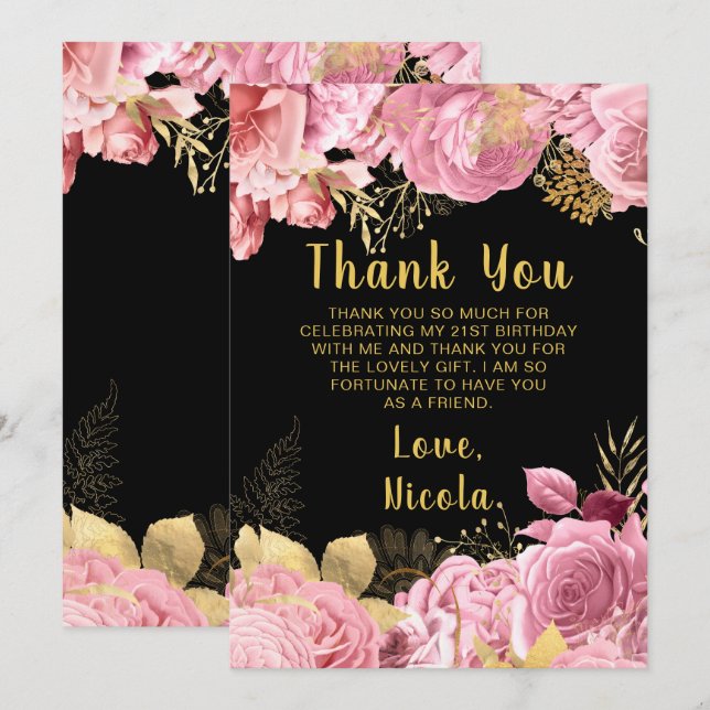 Tarjeta De Agradecimiento Fiesta de Cumpleaños de Flores Rosadas y Doradas E (Anverso / Reverso)