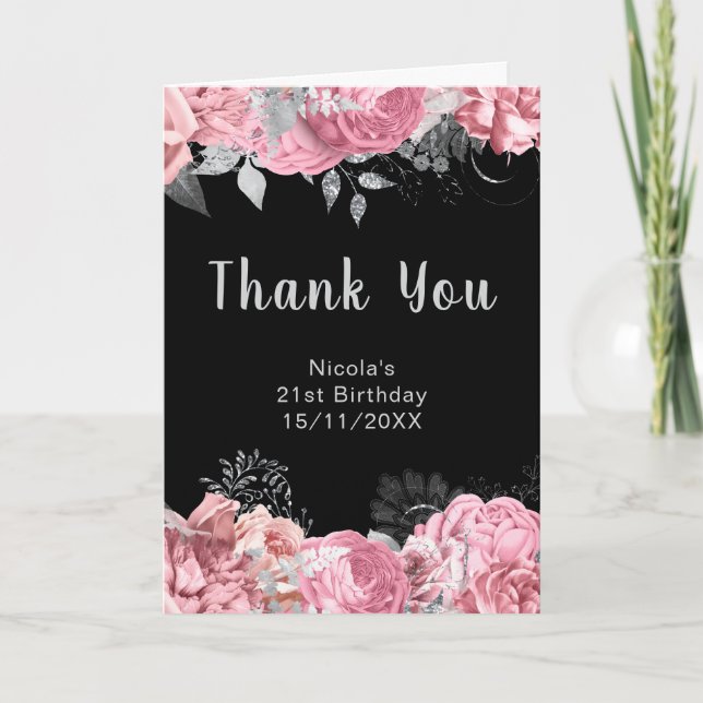 Tarjeta De Agradecimiento Fiesta de Cumpleaños de Flores Rosadas y Plateadas (Anverso)