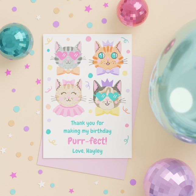 Tarjeta De Agradecimiento Fiesta de cumpleaños de gatos gatos gatitos, con u (Cute Girly Pink Purr-fect Kitty Cat Birthday Party Thank You Card)
