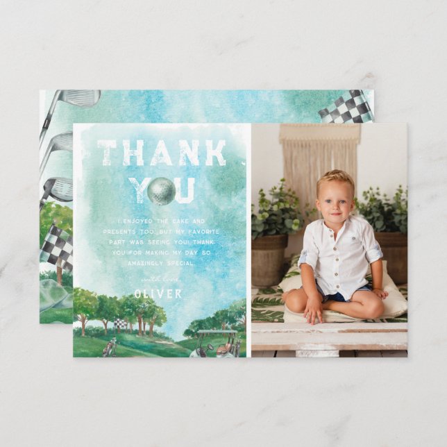 Tarjeta De Agradecimiento Fiesta de cumpleaños de golf | Foto Gracias (Anverso / Reverso)