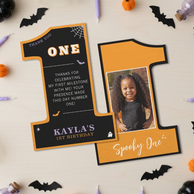 Tarjeta De Agradecimiento Fiesta de cumpleaños de Halloween 1er cumpleaños F (Halloween 1st Birthday Party Spooky One Photo Thank You Card
)