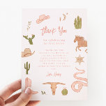 Tarjeta De Agradecimiento Fiesta de Cumpleaños de la Vaquera Rusa Rosa<br><div class="desc">Rústico y moderno tema de cowgirl ducha de bebé gracias tarjeta de plantilla que incluye ilustracion de cactus,  serpiente,  gorra de vaquero,  botas de vaquero,  etc.</div>