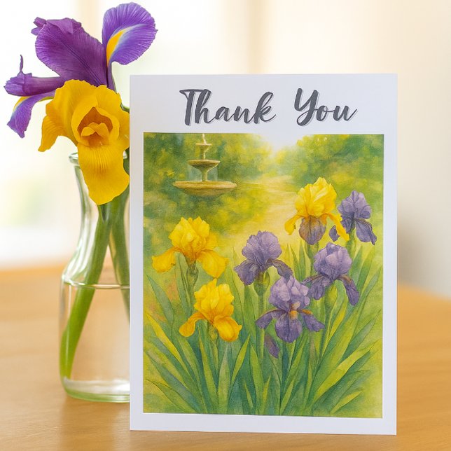 Tarjeta De Agradecimiento Fiesta de Cumpleaños de Lirios Morados y Amarillos (Watercolor yellow and purple irises / Garden image thank you card for her )