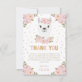 Tarjeta De Agradecimiento Fiesta de cumpleaños de Llama Rubor Floral rosa
