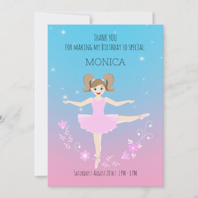 Tarjeta De Agradecimiento Fiesta de Cumpleaños de niña Bailarina Bonita (Anverso)