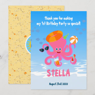 Tarjeta De Agradecimiento Fiesta de cumpleaños de niña bebé de verano pulpo 