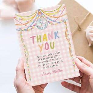 Tarjeta De Agradecimiento Fiesta de cumpleaños de niña colorida con gingham 