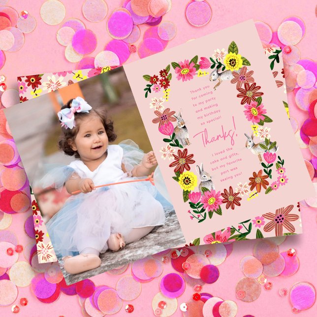 Tarjeta De Agradecimiento Fiesta de Cumpleaños de Niña con Conejo Rosa Diver (Cute Pink Bunny Girl Birthday Party Thank You Card)