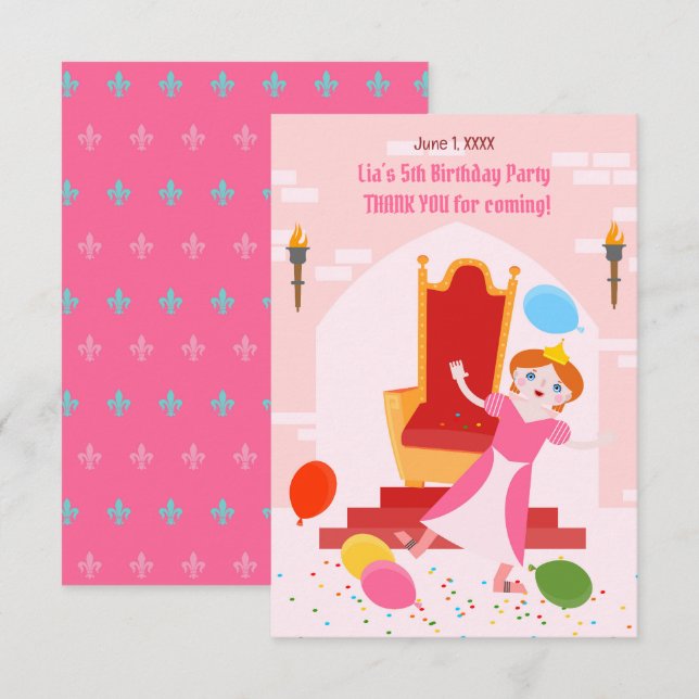 Tarjeta De Agradecimiento Fiesta de Cumpleaños de Niña Princesa Real (Anverso / Reverso)