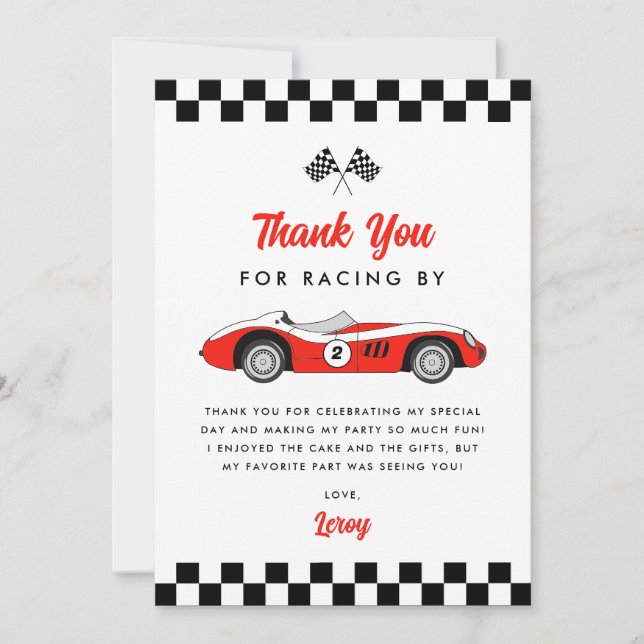 Tarjeta De Agradecimiento Fiesta de cumpleaños de niño con coche de carreras (Anverso)
