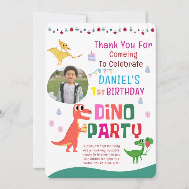Tarjeta De Agradecimiento Fiesta de Cumpleaños de Niño con Dino Dinosaurio M (Anverso)