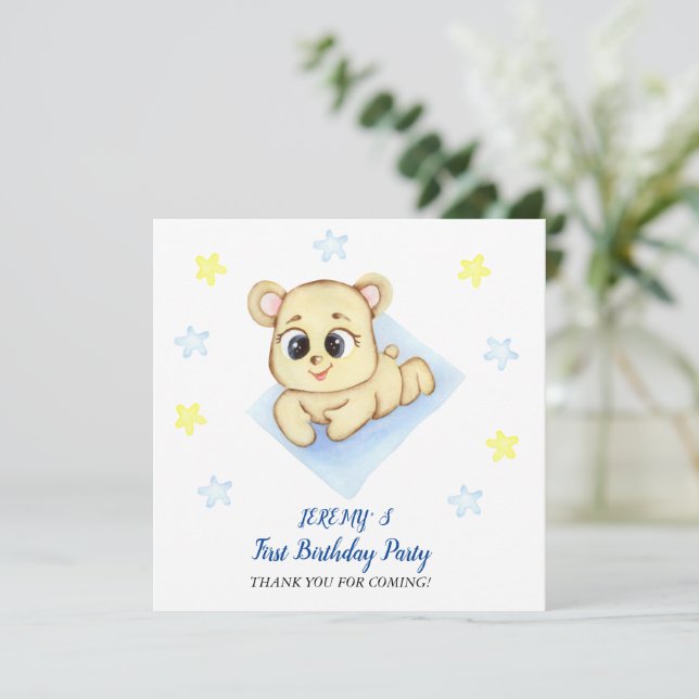 Tarjeta De Agradecimiento Fiesta de cumpleaños de niño con tema del oso lind (Anverso de pie)