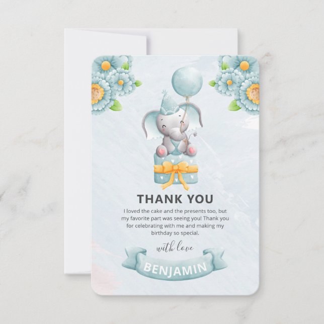 Tarjeta De Agradecimiento Fiesta de Cumpleaños de Niño Elefante Lindo  (Anverso)