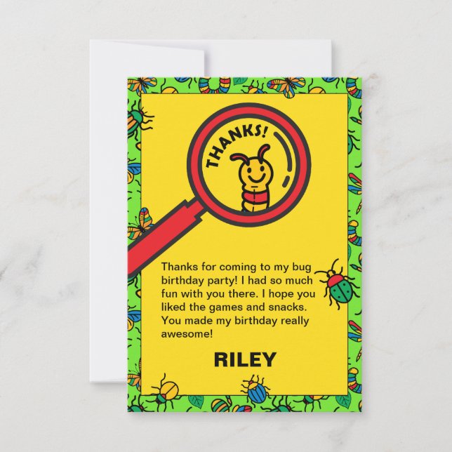 Tarjeta De Agradecimiento Fiesta de Cumpleaños de Niños con Insectos y Bicho (Anverso)