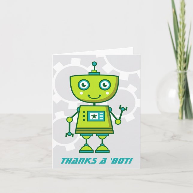 Tarjeta De Agradecimiento Fiesta de Cumpleaños de Niños Robot Verde Moderno (Anverso)