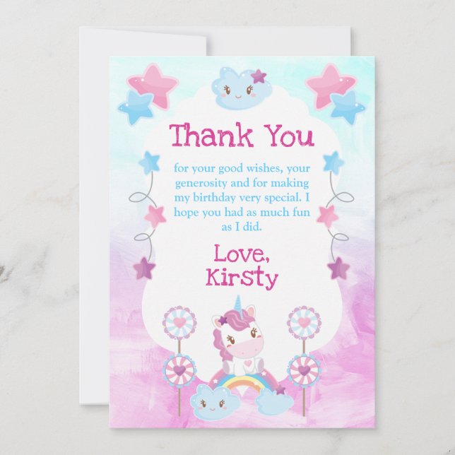 Tarjeta De Agradecimiento Fiesta de Cumpleaños de Nube de Arcoíris Unicornio (Anverso)