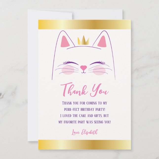 Tarjeta De Agradecimiento Fiesta de cumpleaños de oro y rosado para gatos ga (Anverso)