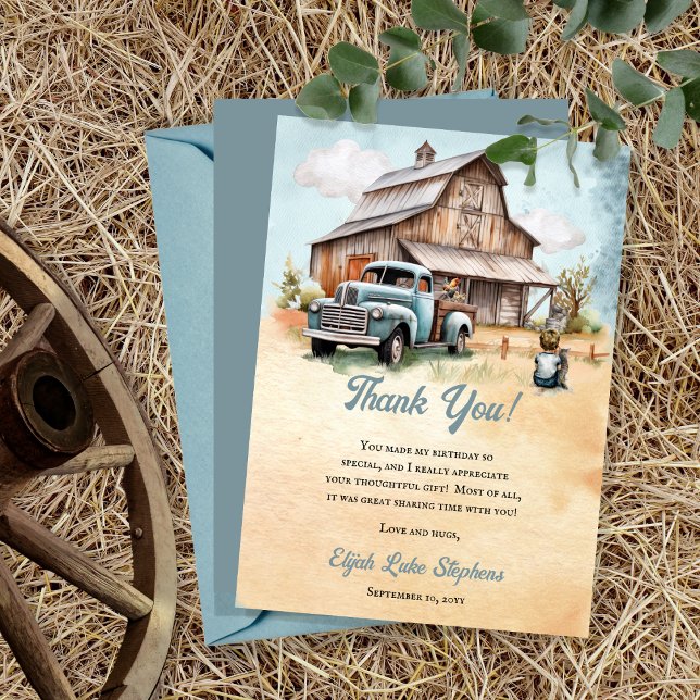 Tarjeta De Agradecimiento Fiesta de cumpleaños de pequeño agricultor (Vintage Blue Truck | Barn Little Farmer "Thank You!" Card )