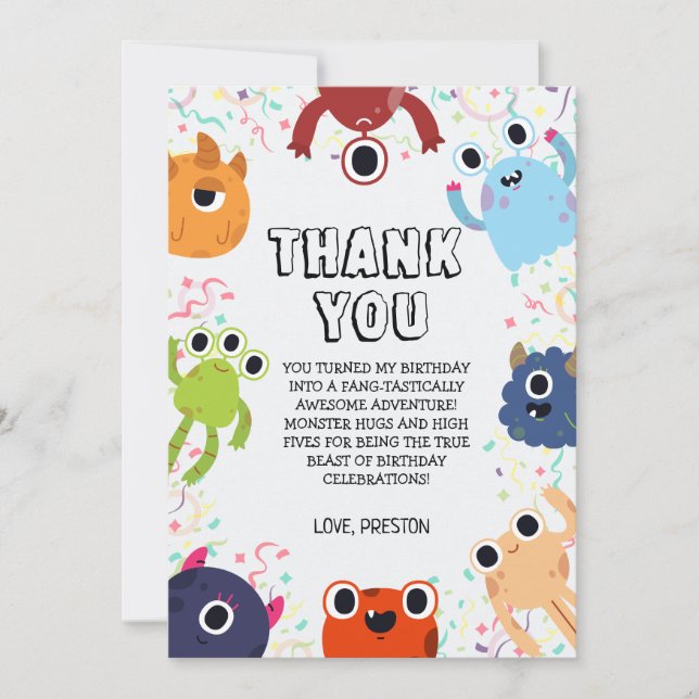 Tarjeta De Agradecimiento Fiesta de cumpleaños de pequeños monstruos para to (Anverso)
