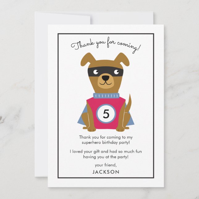 Tarjeta De Agradecimiento Fiesta de Cumpleaños de Perro Superhéroe Agradecim (Anverso)